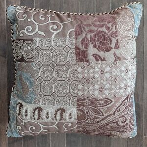 Set of 2 Decorative Throw Pillows | 17¼" Square | Brown / Teal Damask-Style